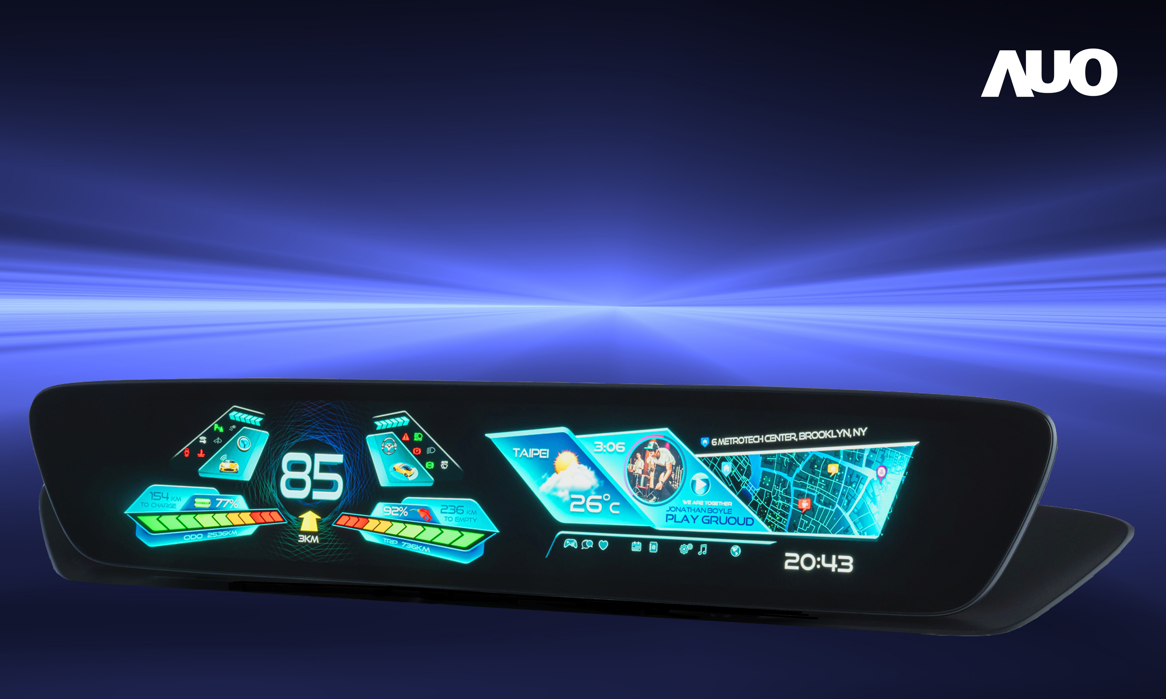 友達30.4吋異形曲面AmLED車載顯示系統，為一兼具儀表板及中控台人機介面的創新車載顯示系統，結合美學設計，提升車內科技沉浸感及使用體驗，讓車載顯示的未來應用更加多元化