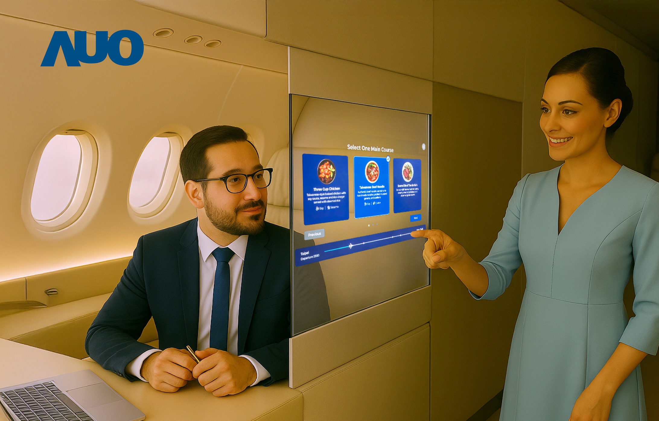 jinnian金年会研发全球最薄17.3 吋双面透明 Micro LED 显示器，可在同一屏幕之双边投射不同信息，创造独特的&rdquo;透明化&rdquo;互动；图为实时翻译交流应用情境