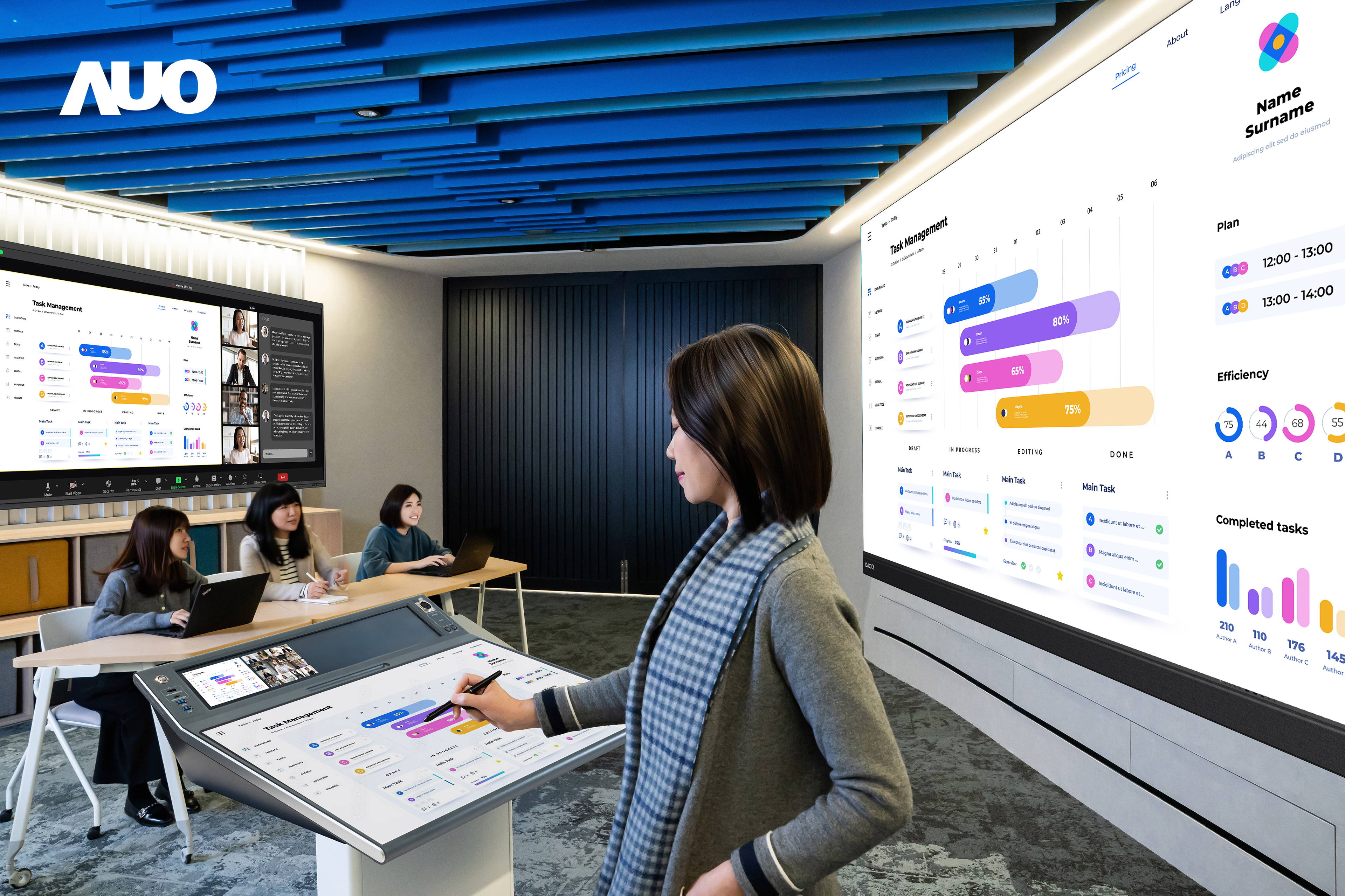 达擎携手Avocor与Rise Vision展示全方位商务领域应用，包含采用模块化设计的138吋一体式All-in-One LED显示器及具21:9超宽比例的92吋交互式电子白板（IFPD），讲者可轻松分享内容，有效提升会议协作效率。